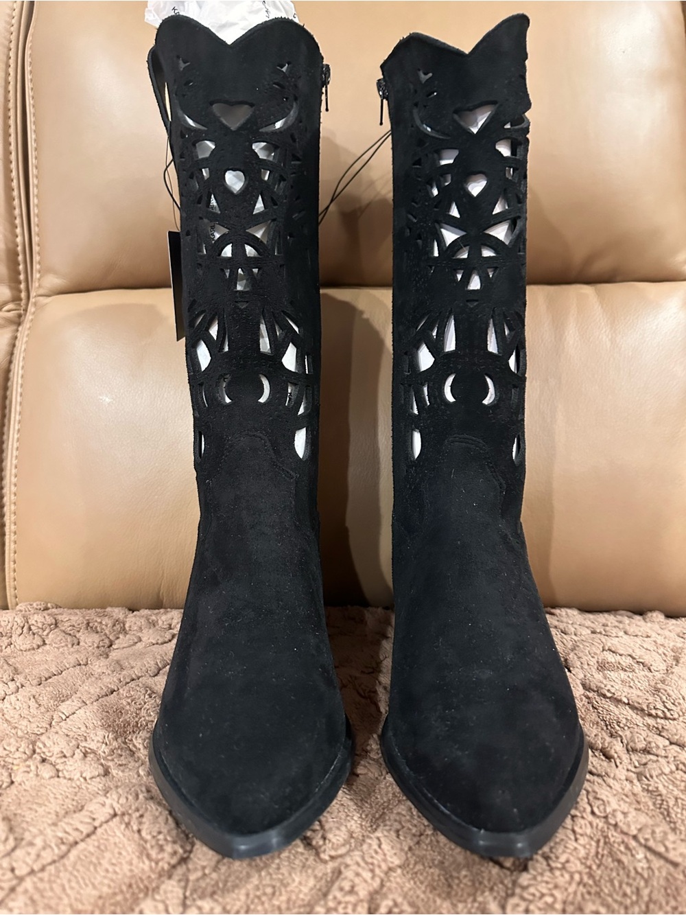 Forever 21 Black Laser-Cut Suede wide Mid-Calf Heeled Boots